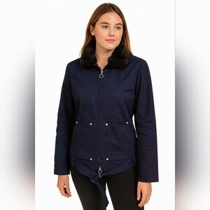 Worth Communter Fur Collar Dark Blue Gold Detail Jacket Size 10